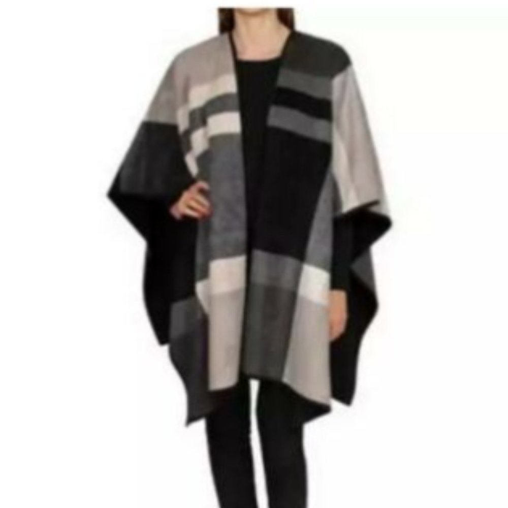 Ike Behar Black Gray Plaid Blanket Shawl OS